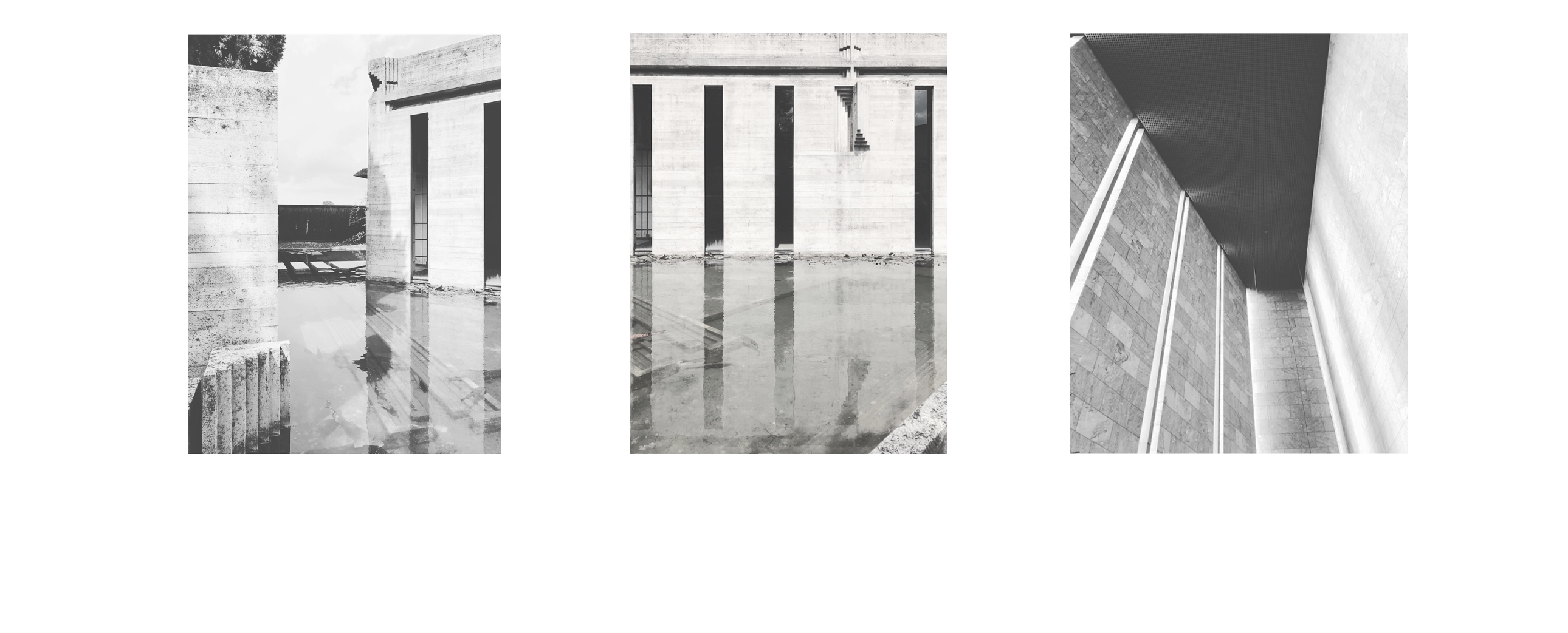 Three architectural photographs showing concrete details, colonnade reflections, and geometric concrete structures